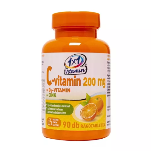 Vitaplus 1x1 Vitamin C-vitamin 200 mg +D3-vitamin +Cink narancs ízű rágótabletta 90x
