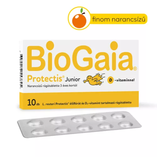 Biogaia Junior+D3 vitamin étrend-kiegészítő rágótabletta narancs ízű 10x