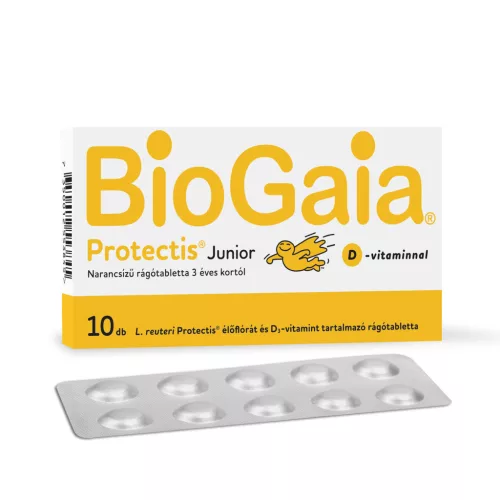 Biogaia Junior+D3 vitamin étrend-kiegészítő rágótabletta narancs ízű 10x