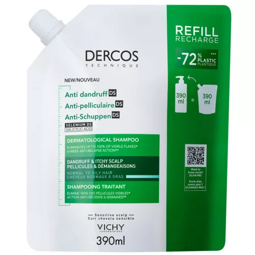 VICHY Dercos Korpásodás elleni sampon normál és zsíros hajra utántöltő 390 ml